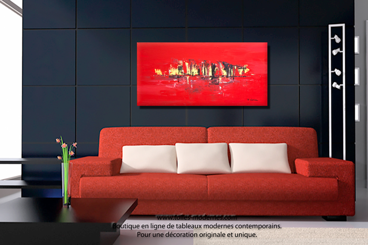  Tableau  mer contemporain rouge format panoramique grandes 