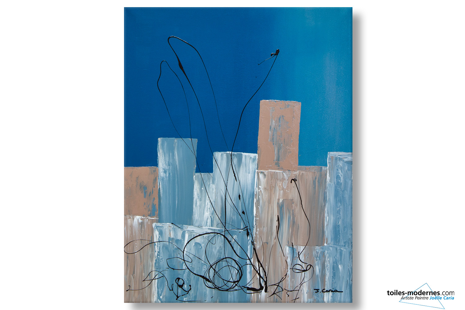 Grand tableau abstrait contemporain bleu pour salon moderne