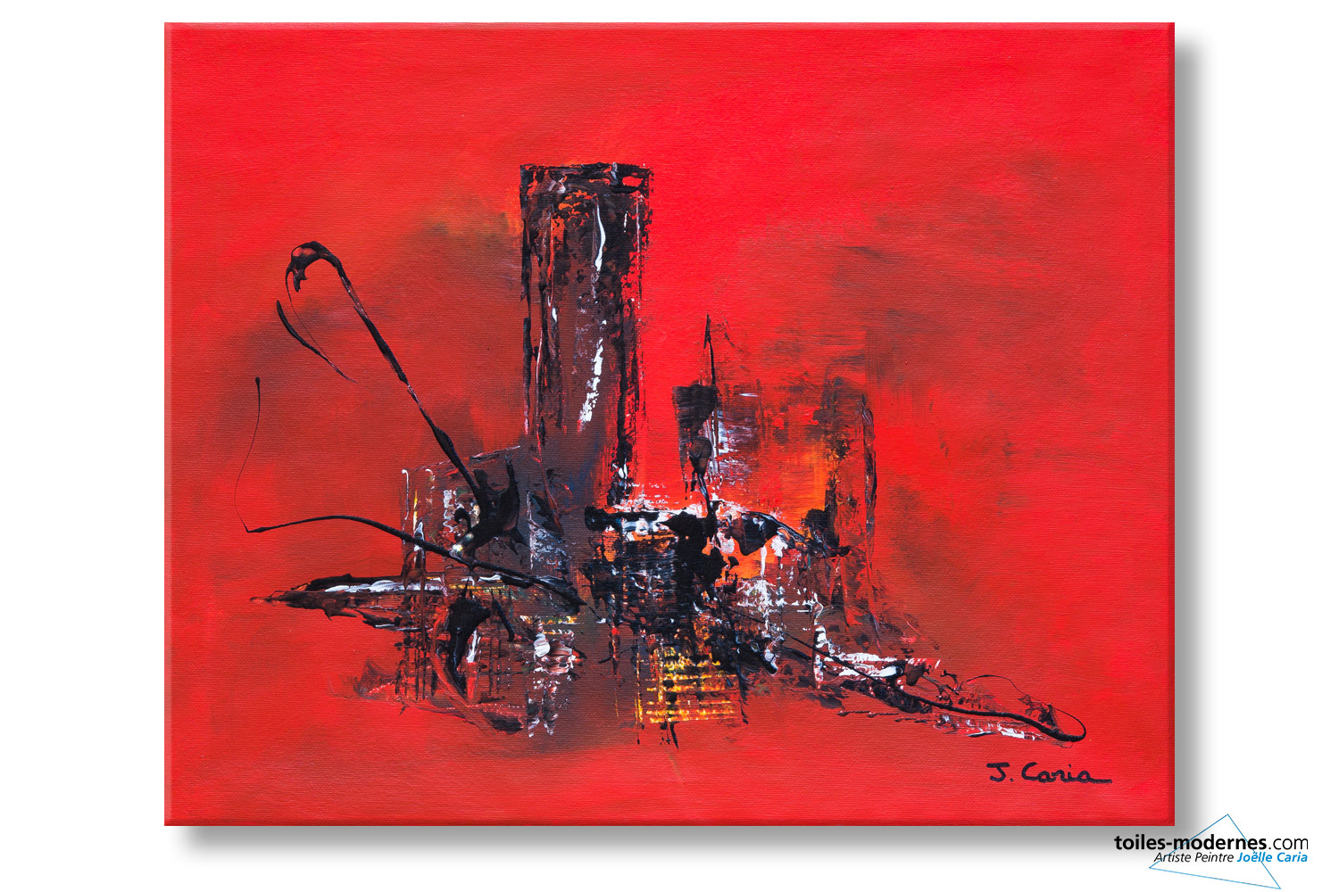  Tableau  rouge  abstrait Le soir  la ville format rectangle 