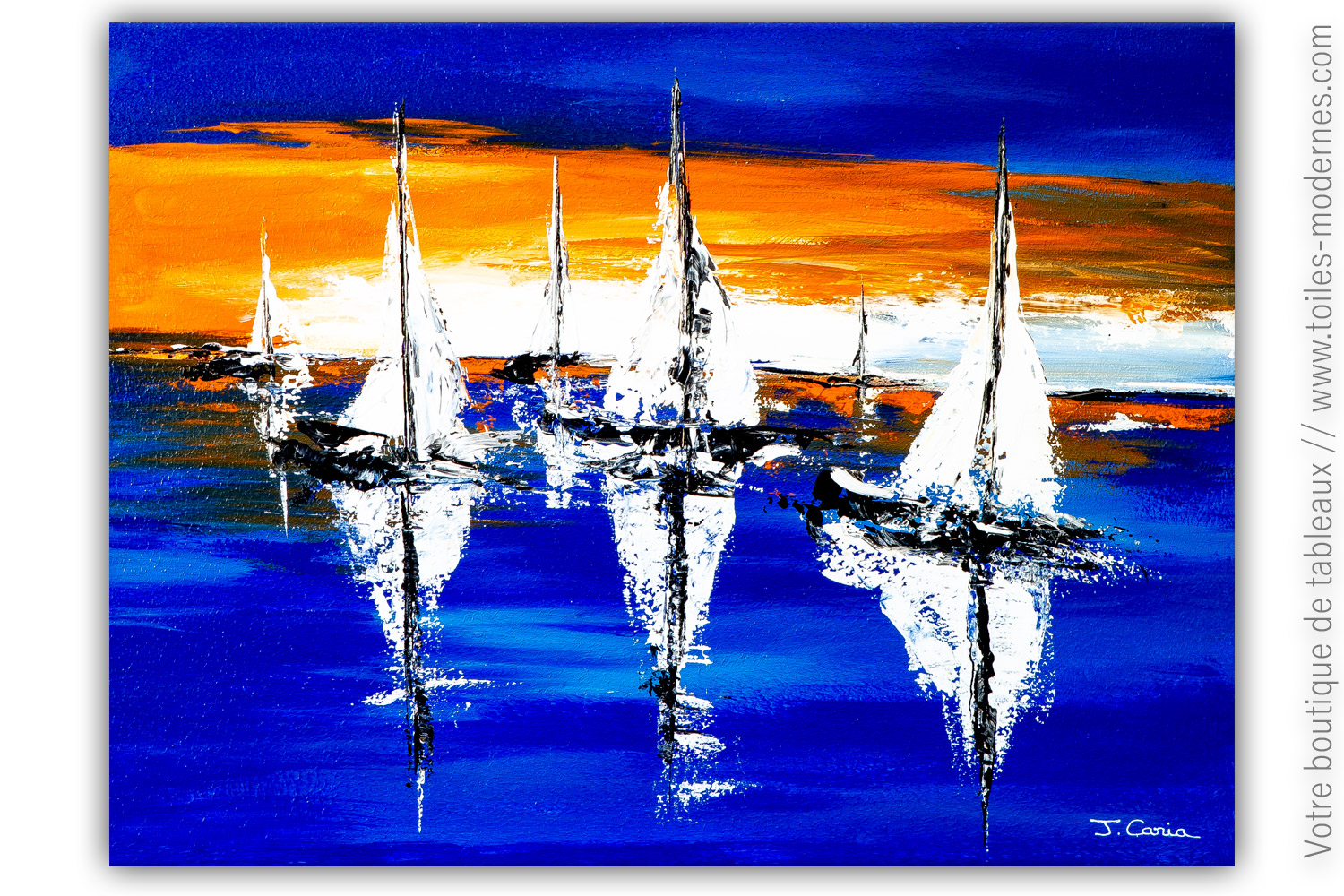 Tableau abstrait moderne bleu de bateaux en mer