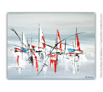 Déco marine gris et rouge avec un tableau moderne : Reg'art sur l'océan